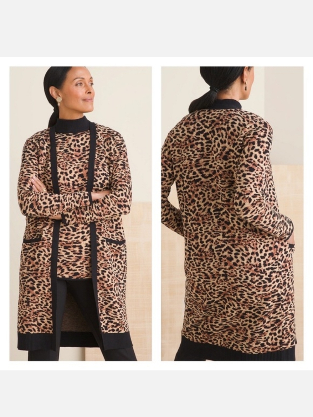 Chicos Leopard Jacquard Long Cardigan With Sleeveless Top. Size 4 = XXL US 20